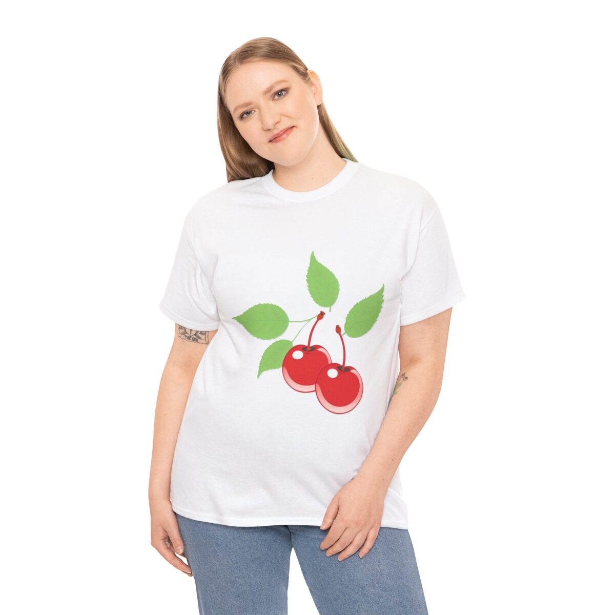 Woman wearing Cherry T-Shirt with a charming cherry design