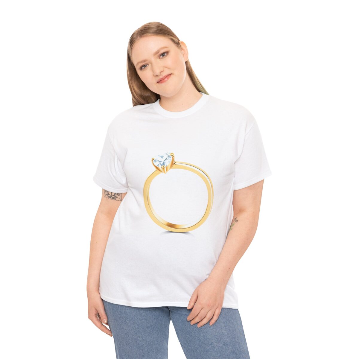 Woman wearing a Bride T-Shirt featuring a gold ring graphic, paired with jeans.