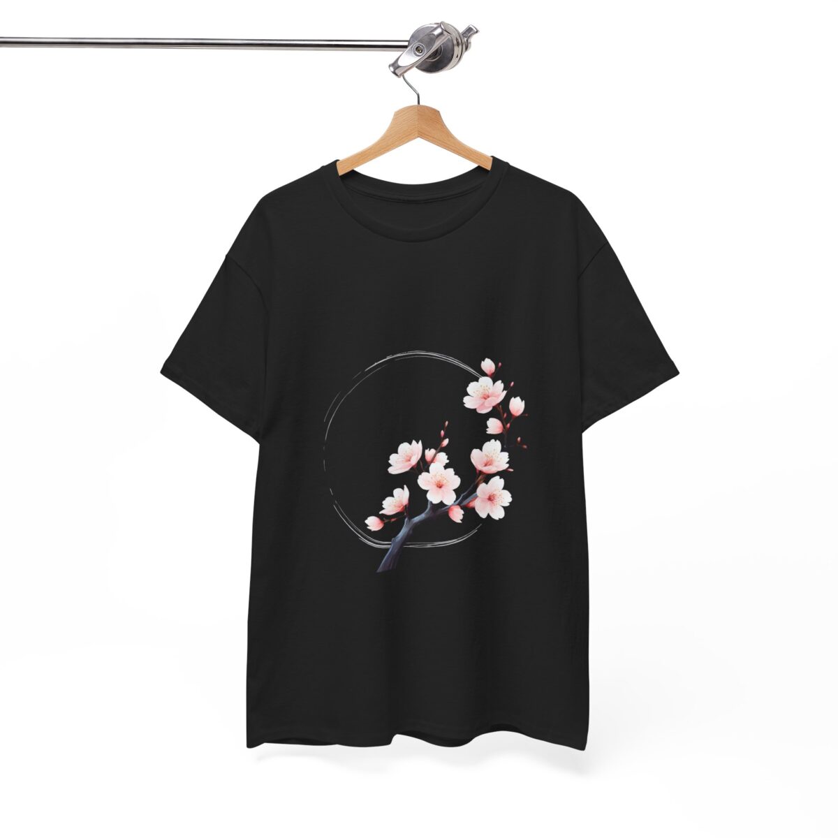 Japanese T Shirt with cherry blossom design on a hanger