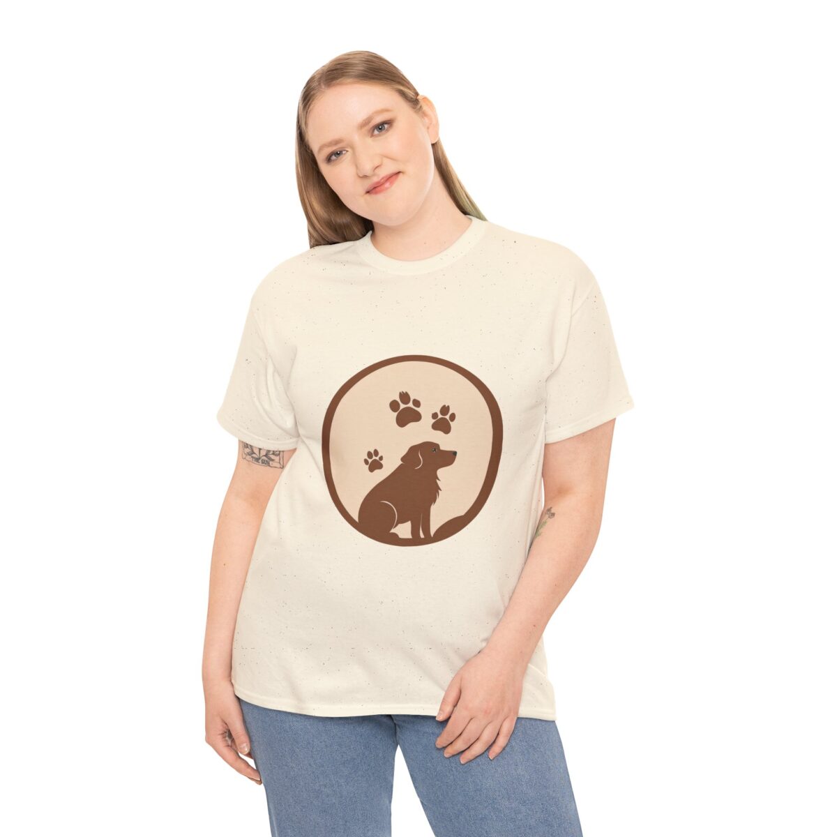 Woman wearing a Canine T Shirt with a dog silhouette and paw print design