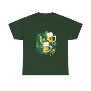 Green St. Patrick’s Day t-shirt featuring beer mugs and shamrocks