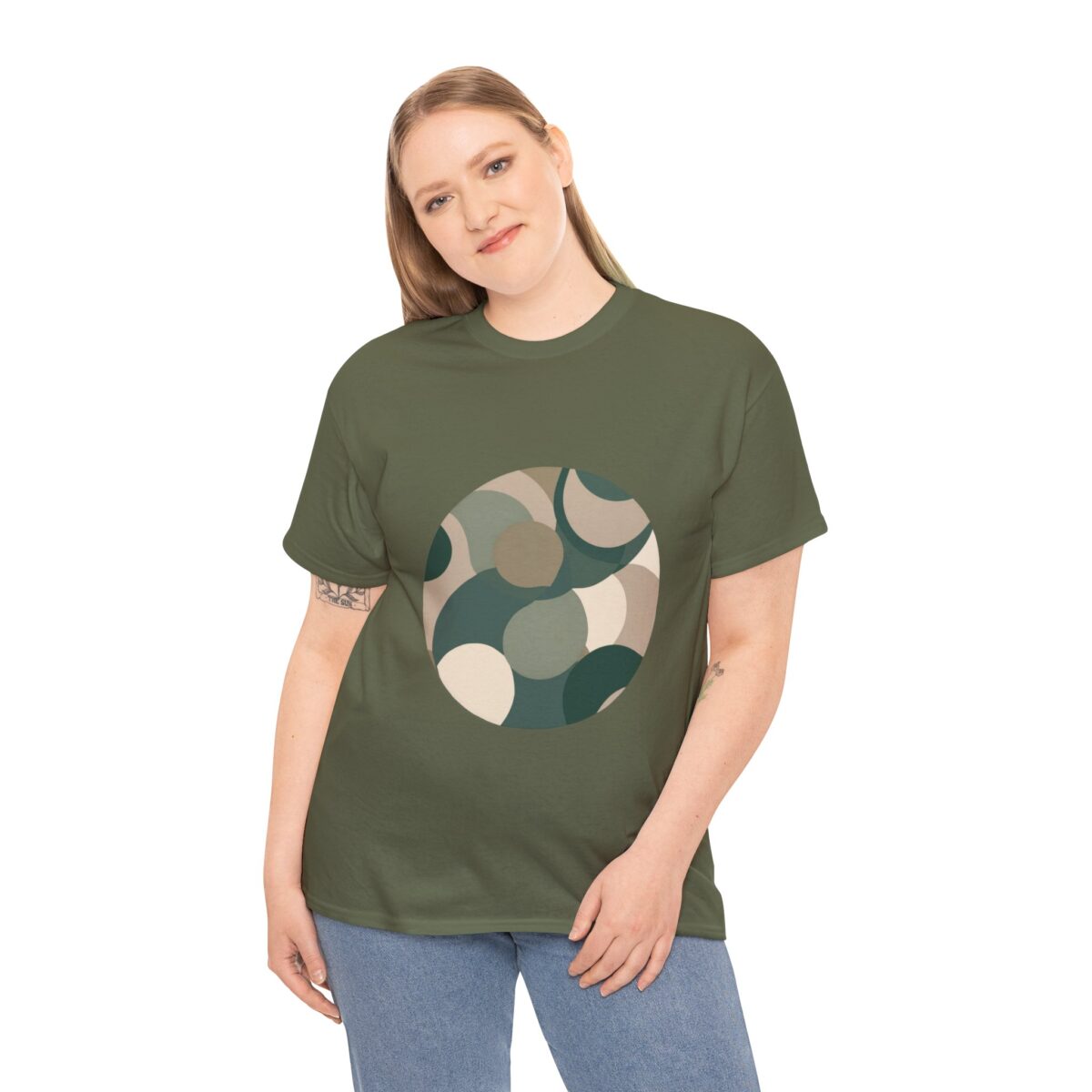 Woman wearing a Camouflage T Shirt with a circular pattern