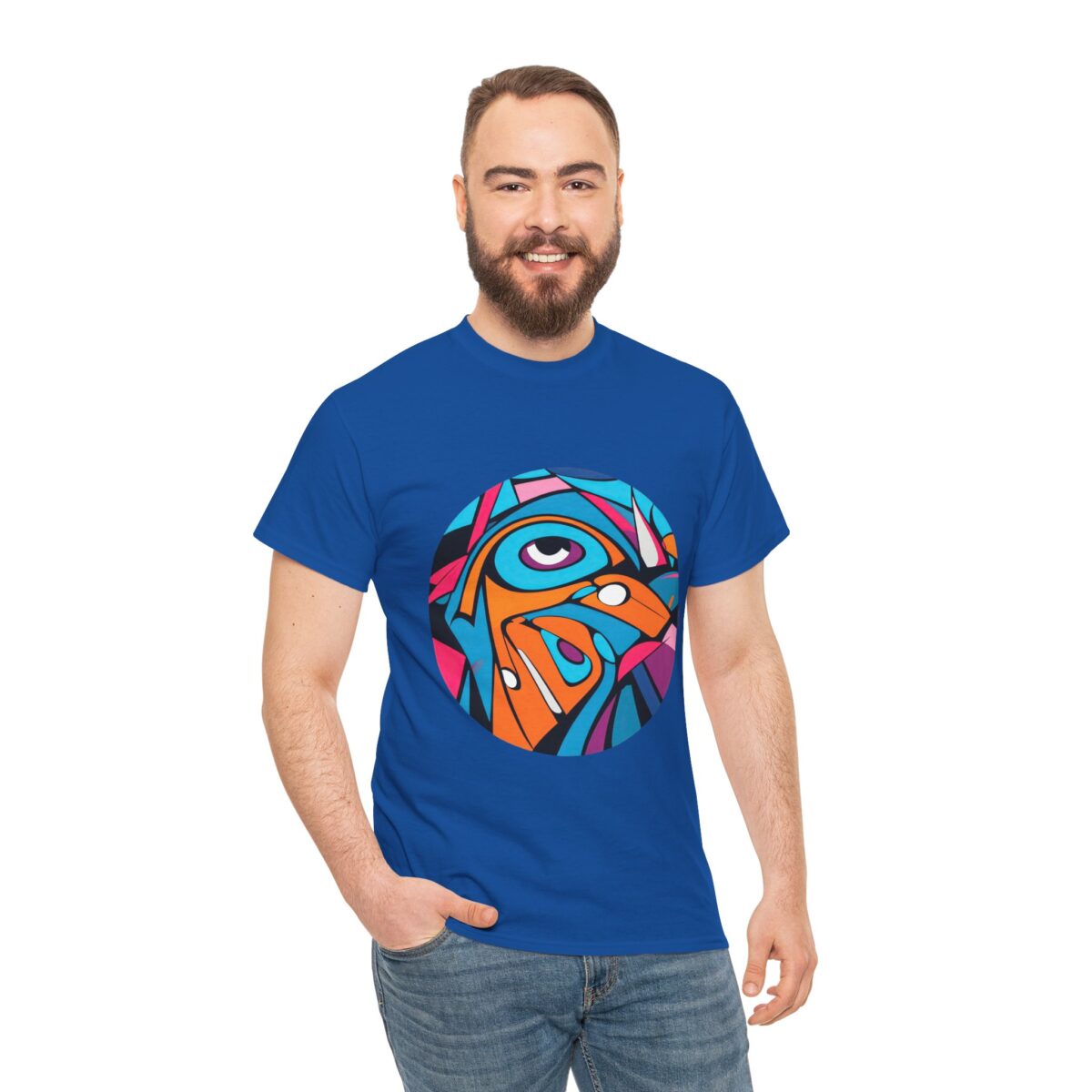 Man wearing a bold graphic Hip Hop T Shirt with a colorful urban-inspired design