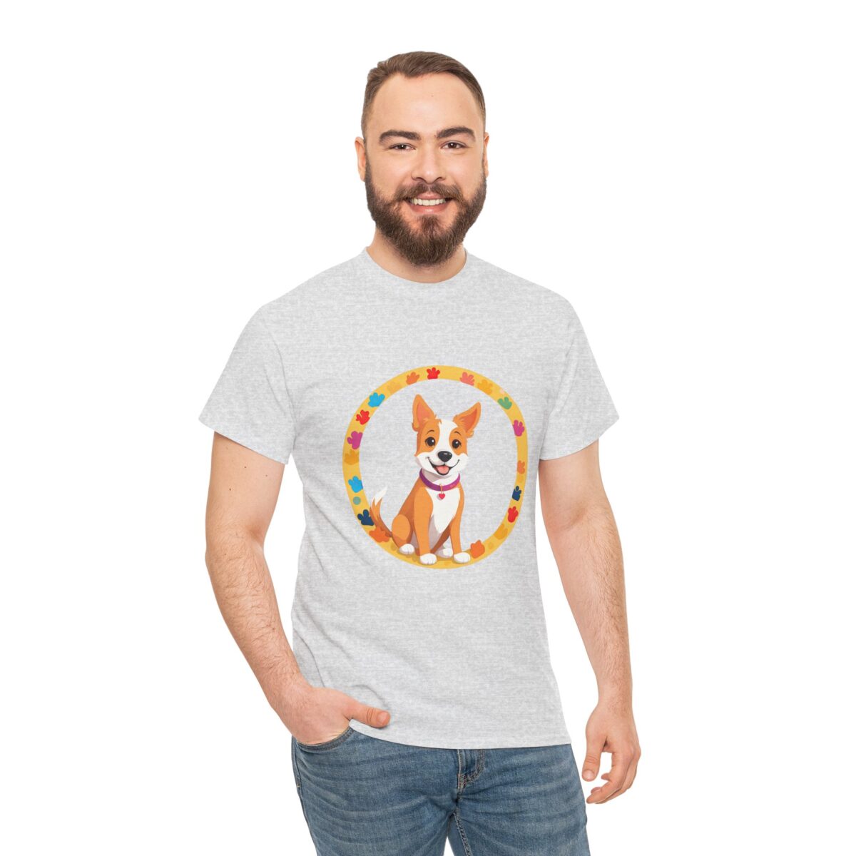 Man wearing Dog T Shirts For People featuring a dog illustration in a colorful frame