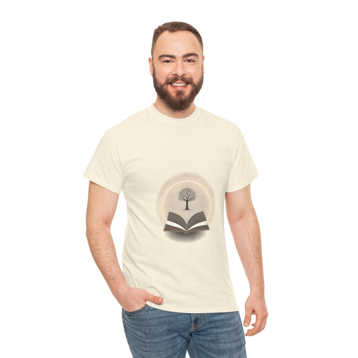 Man wearing a beige T-shirt with a tree and open book design, symbolizing growth and knowledge.