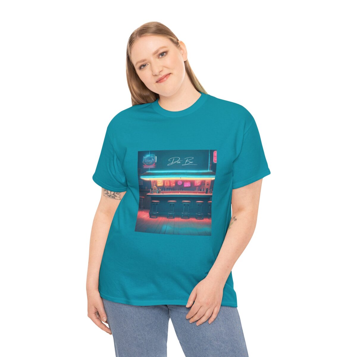 Woman wearing a Dive Bar T Shirt with a neon bar-inspired design.