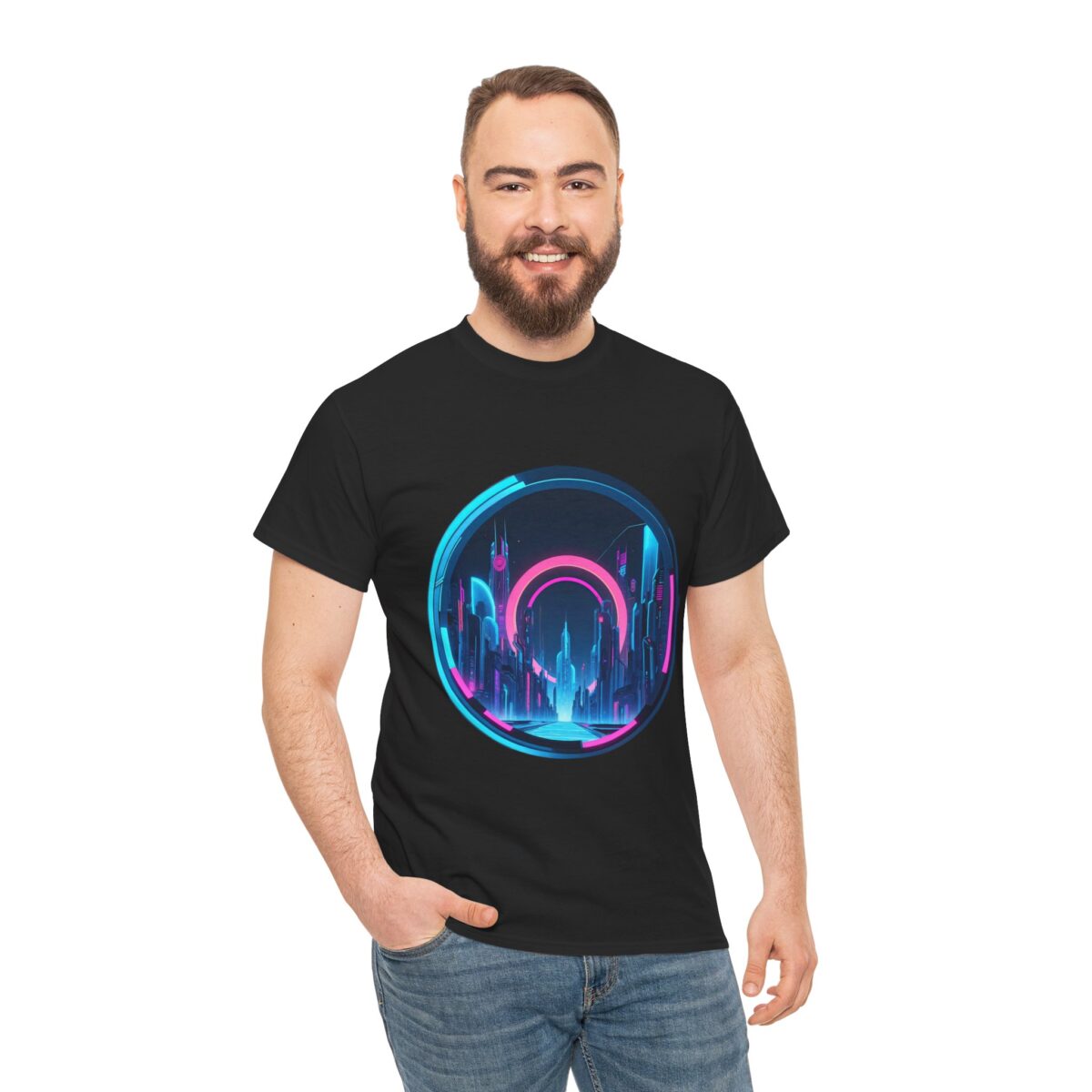 Man wearing a Cyberpunk T Shirt with neon futuristic city design