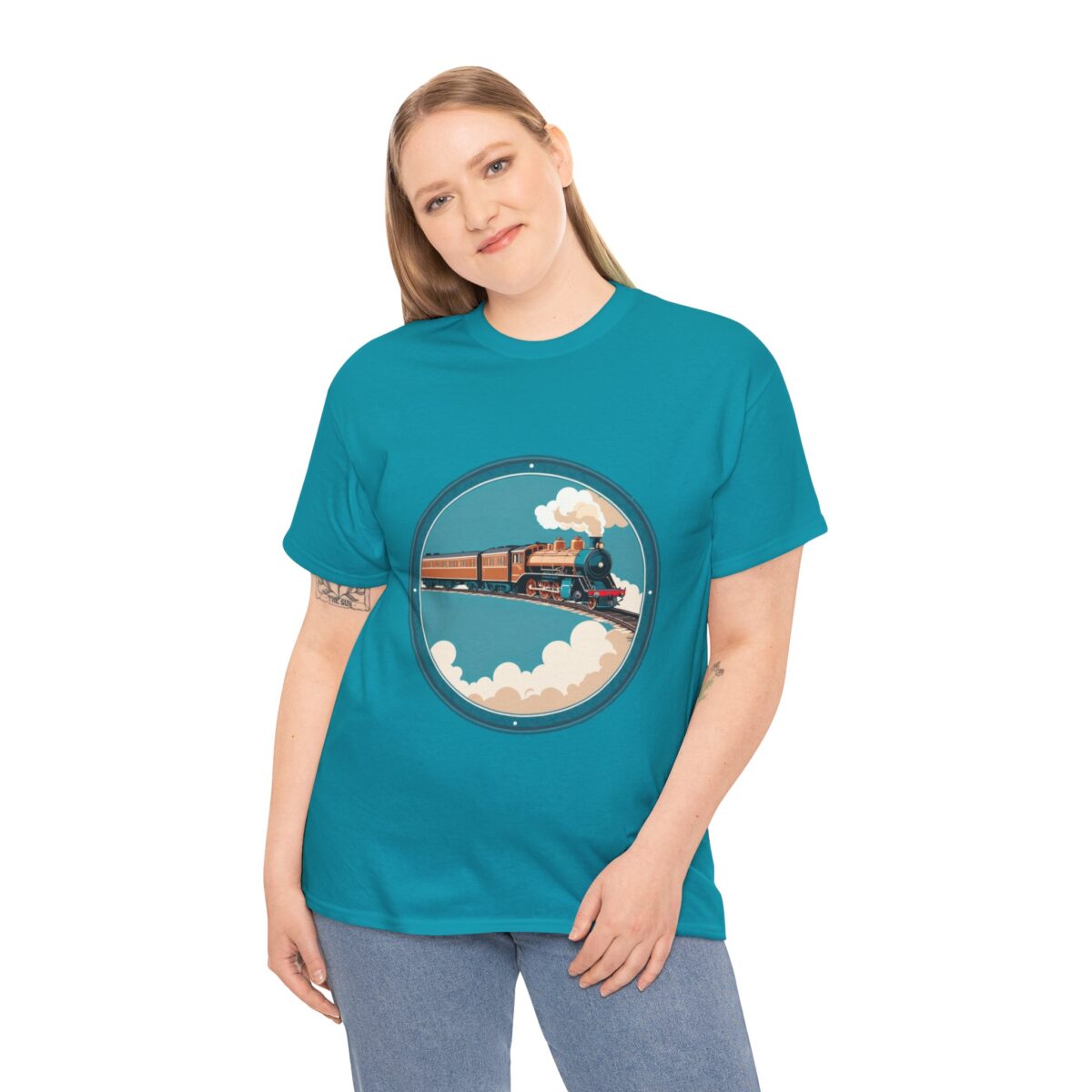 Woman wearing a Vintage T Shirt with a retro train design