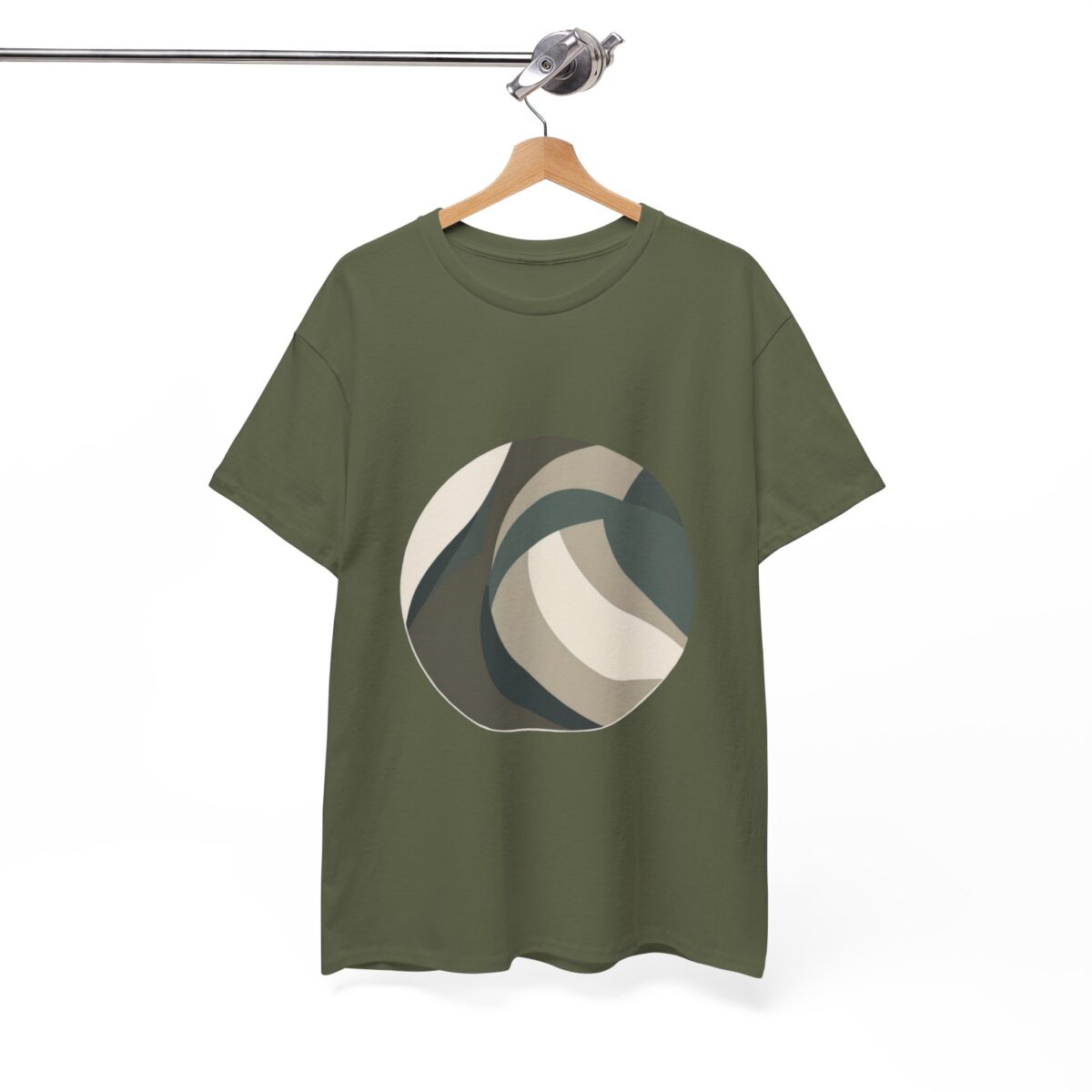 Green Camo T Shirt with circular design hanging on a wooden hanger