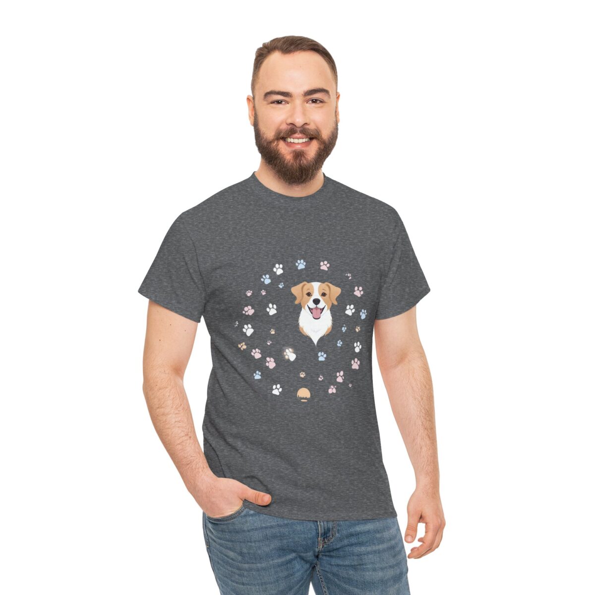 Man wearing a Custom Pet T Shirt with a pet design and paw print details