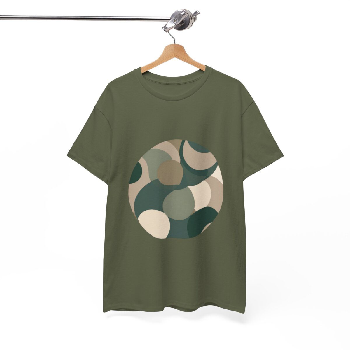 Camouflage T Shirt displayed on a hanger with a circular design