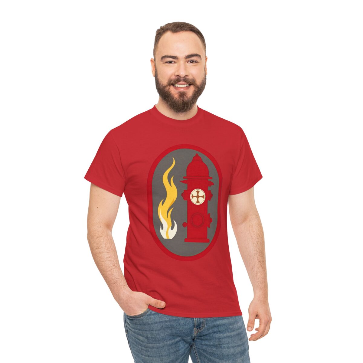 Man wearing a Fire Service T Shirt featuring a fire hydrant and flame graphic.