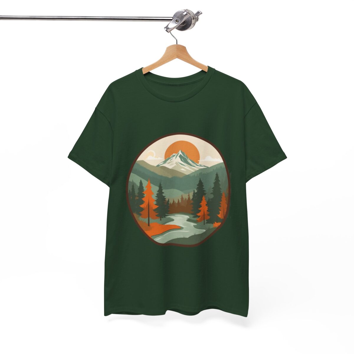 National Park T Shirt on a hanger featuring a scenic mountain and forest design.