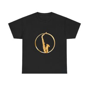 Black Jazz T Shirt​ with a golden saxophone design enclosed in a circular frame.