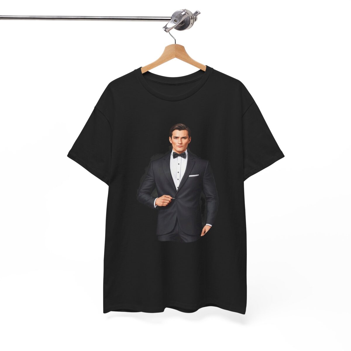 Tuxedo T Shirt displayed on a hanger, showcasing a tuxedo-inspired design on a black T-shirt