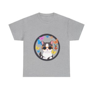 Funny Female T-Shirts featuring a cat in sunglasses with butterflies