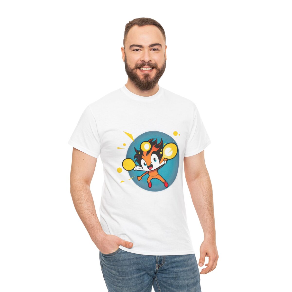 Man wearing a Cartoon T-Shirt with vibrant animated character design.