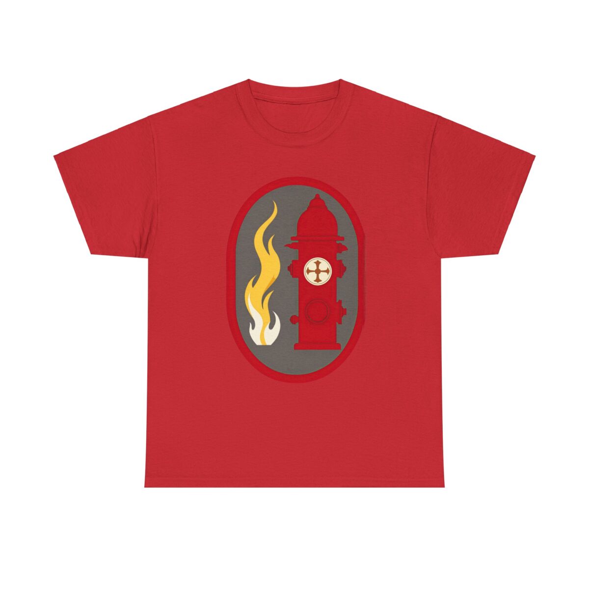 Fire Service T Shirt featuring a red design with a fire hydrant and flame graphic.