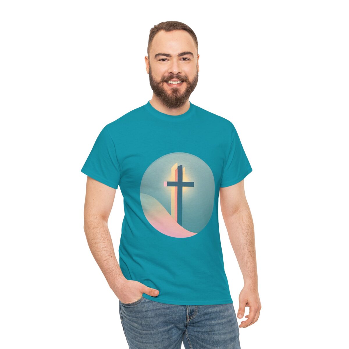 Man wearing a Funny Christian T Shirt with a cross design and colorful background.