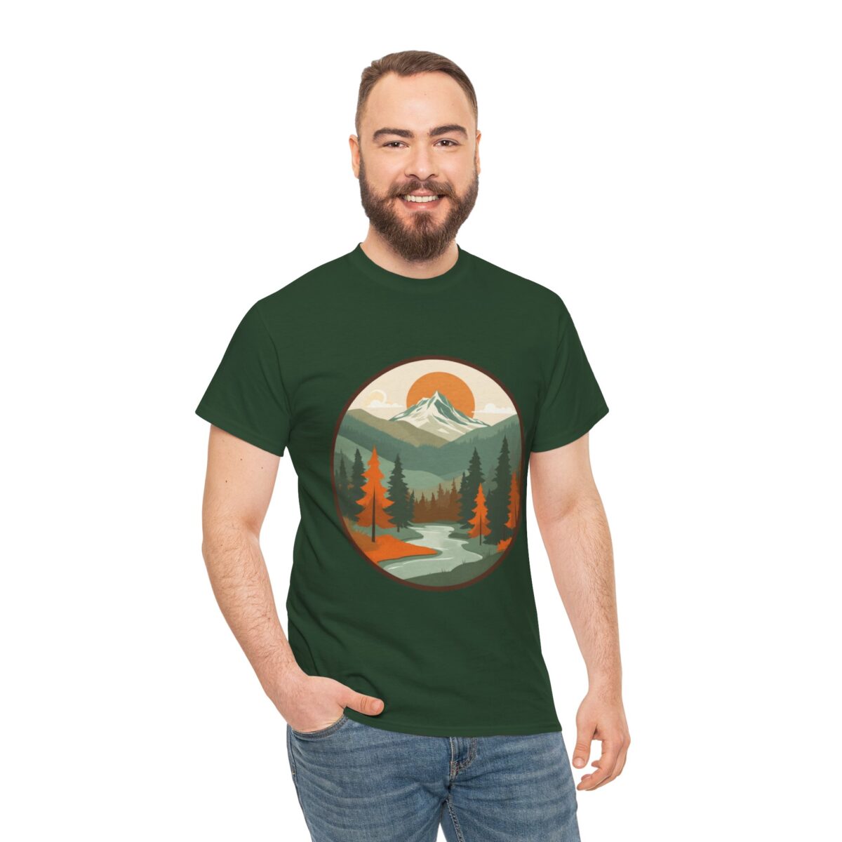 Man wearing a National Park T Shirt with a scenic mountain and forest illustration.