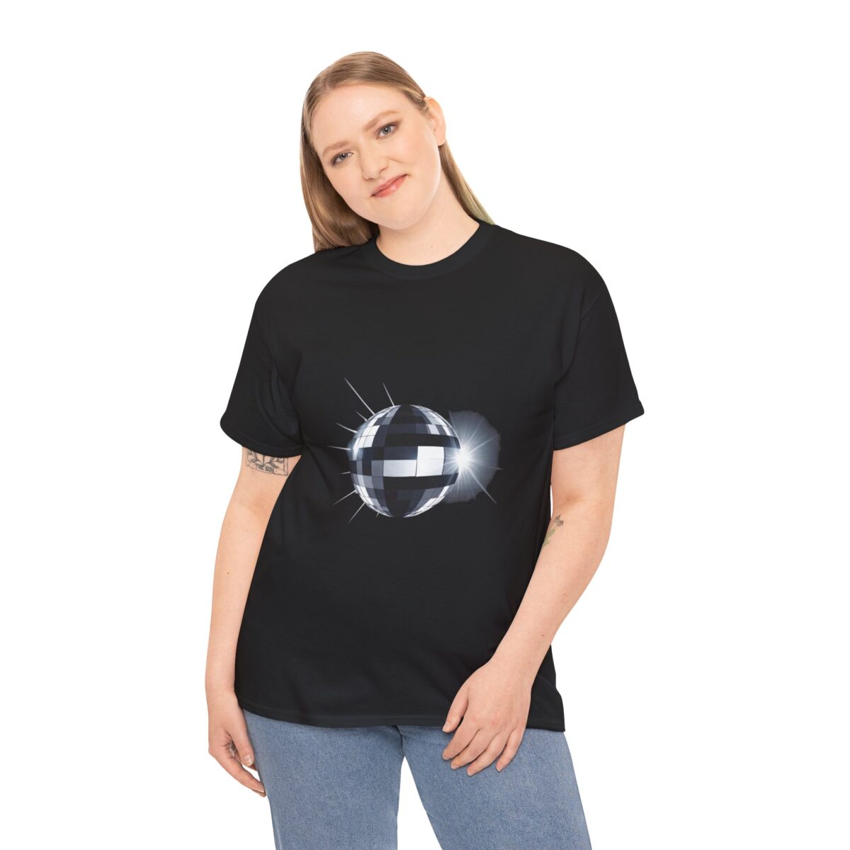 Woman wearing a black Disco T-Shirt with a reflective disco ball design.