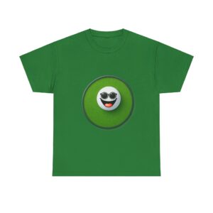 Green Golf T-shirt with a cheerful golf ball wearing sunglasses.