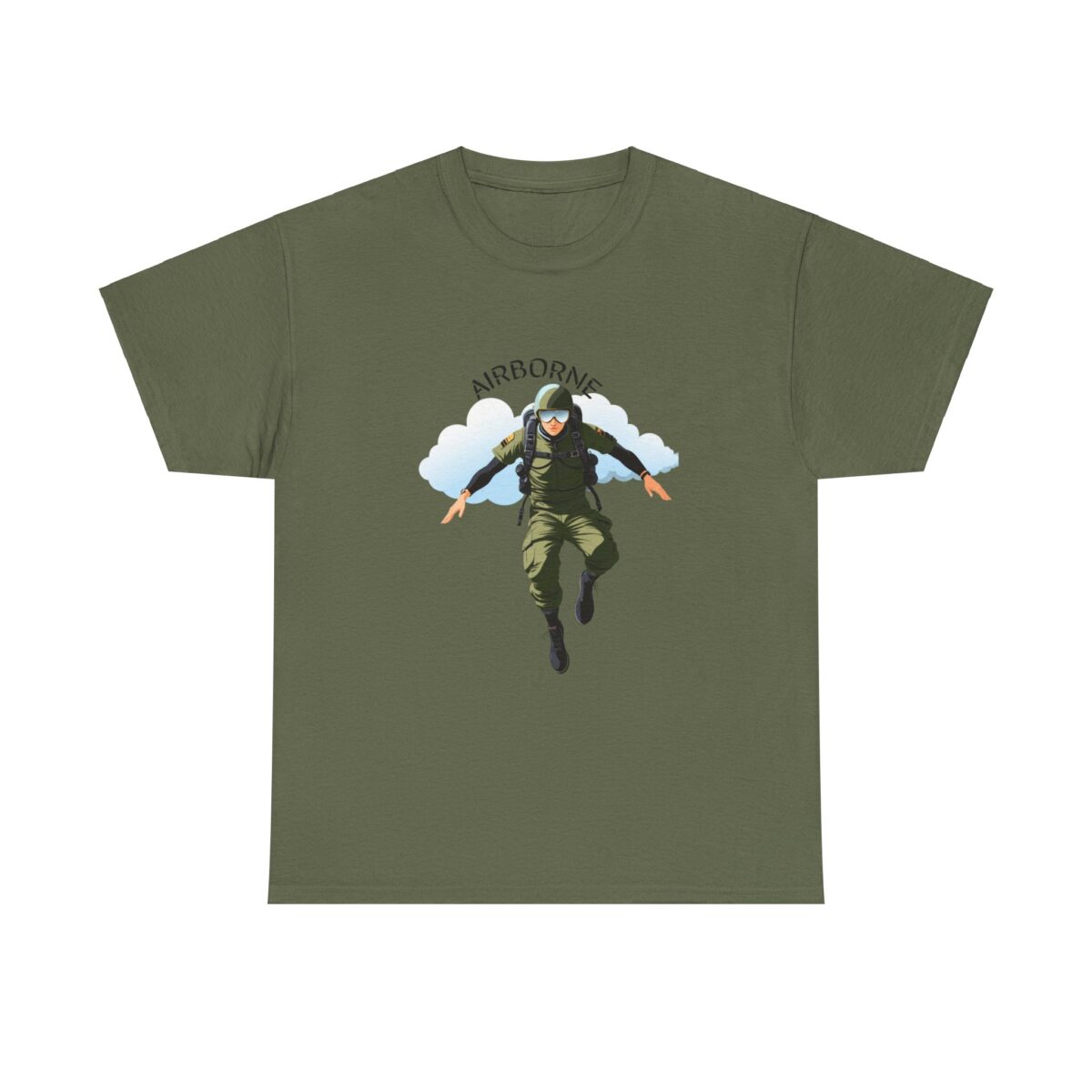 A paratrooper in mid-air with clouds in the background, representing Airborne T Shirts​.