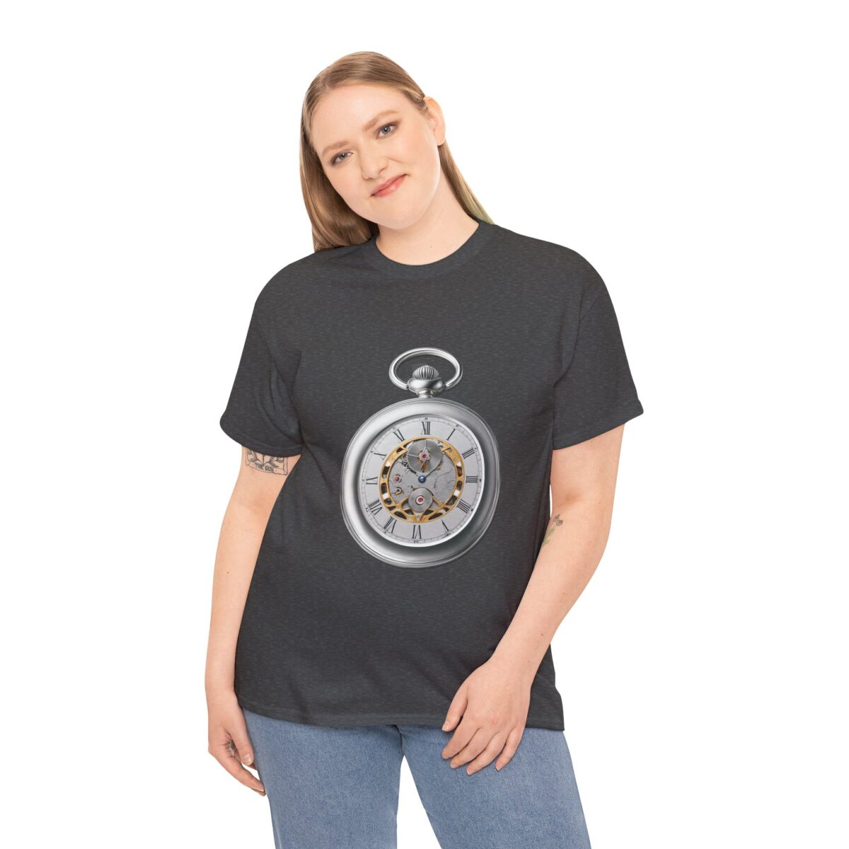 Woman wearing a Dark Grey T Shirt with a clock design