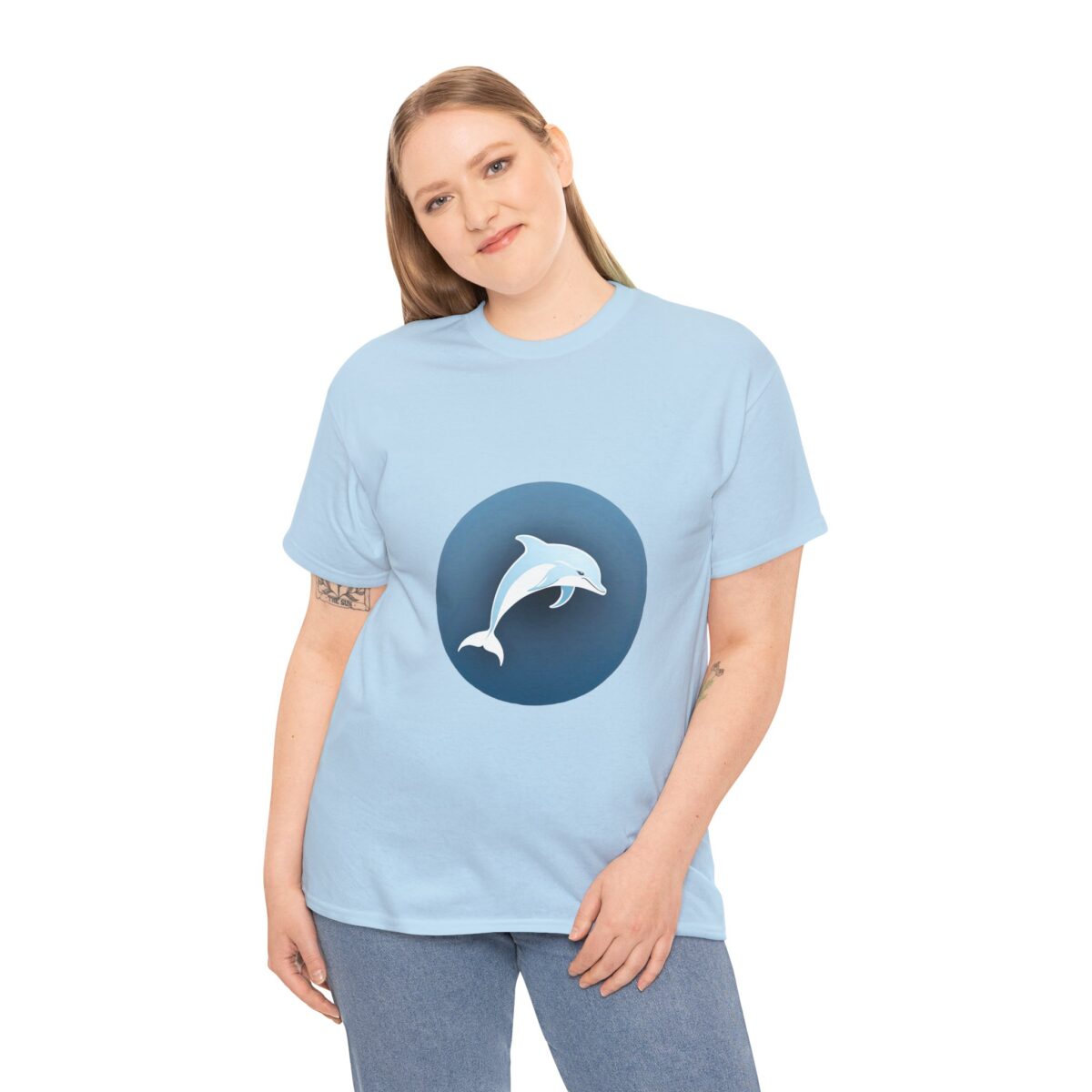 Woman wearing a Dolphin T Shirt featuring a minimalist dolphin design