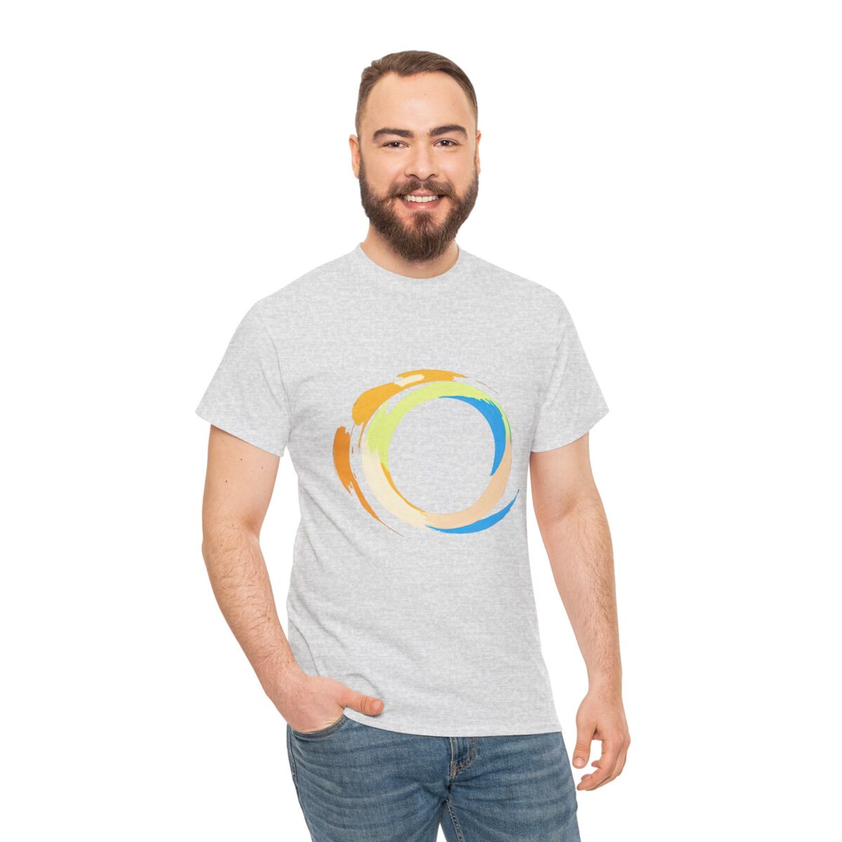 Man wearing Canvas T Shirt with circular graphic design