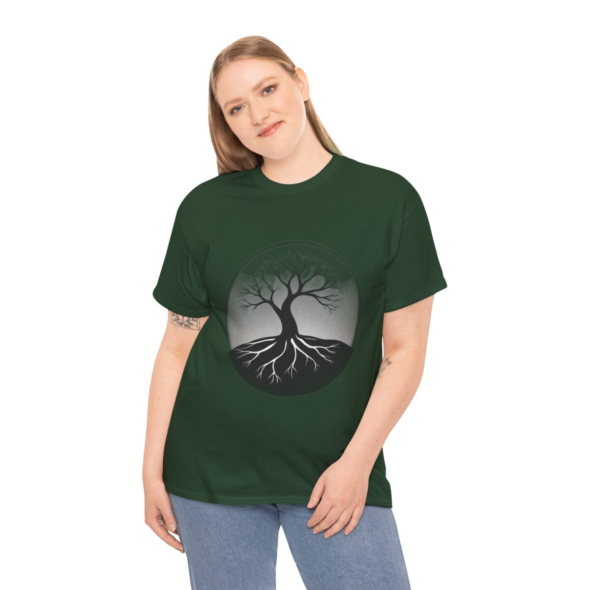 Woman wearing a 4XL -T Shirt​ with a tree design, perfect for casual style.