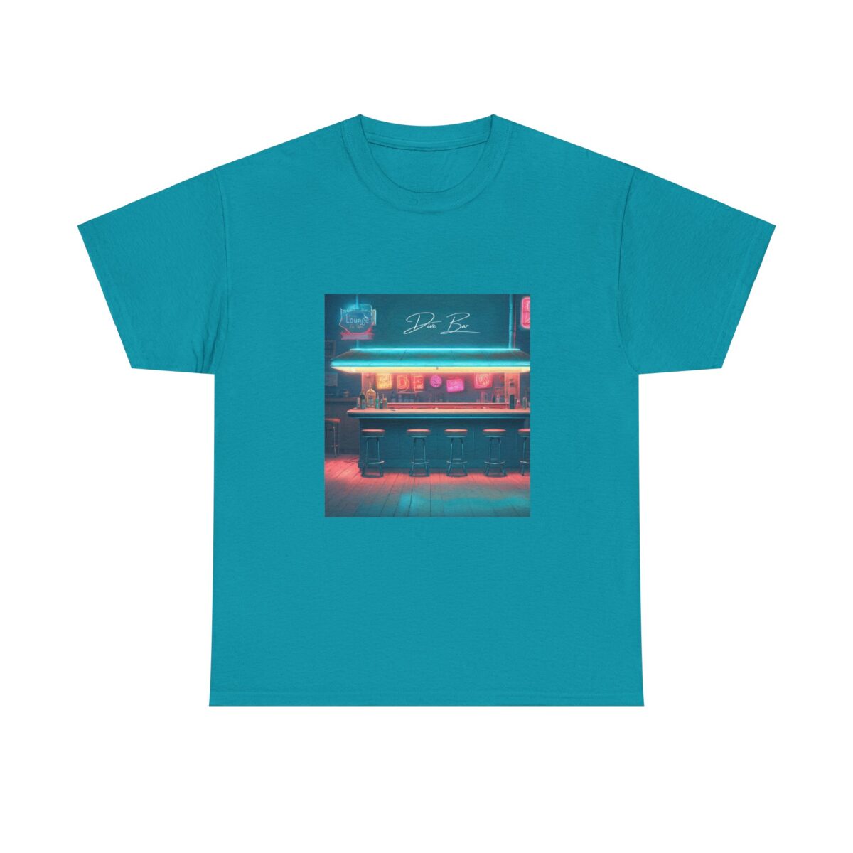 Dive Bar T Shirts featuring a neon-lit bar design in vibrant colors.