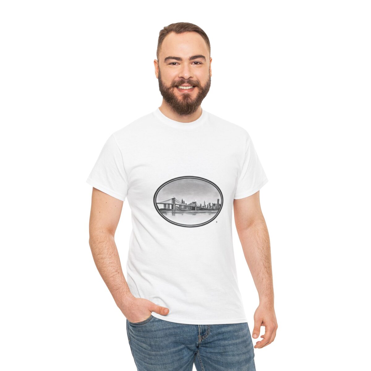 Man wearing a white T-shirt with an oval Brooklyn skyline graphic.