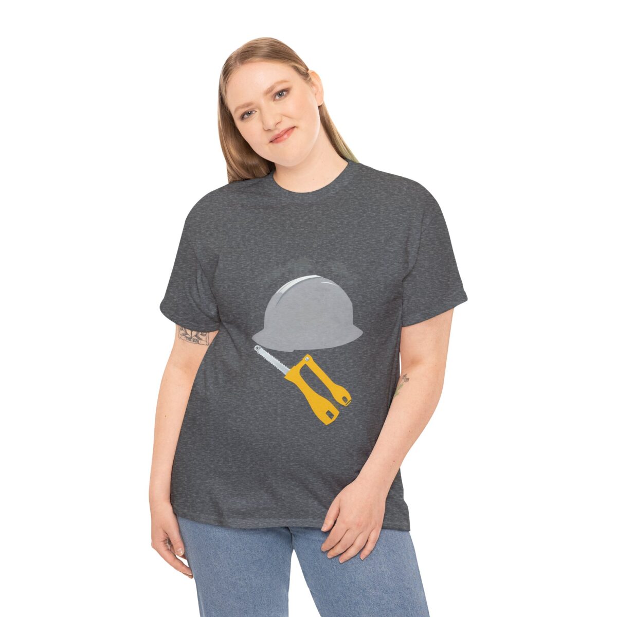 Woman wearing a stylish Construction T Shirt​ with hard hat and tools design