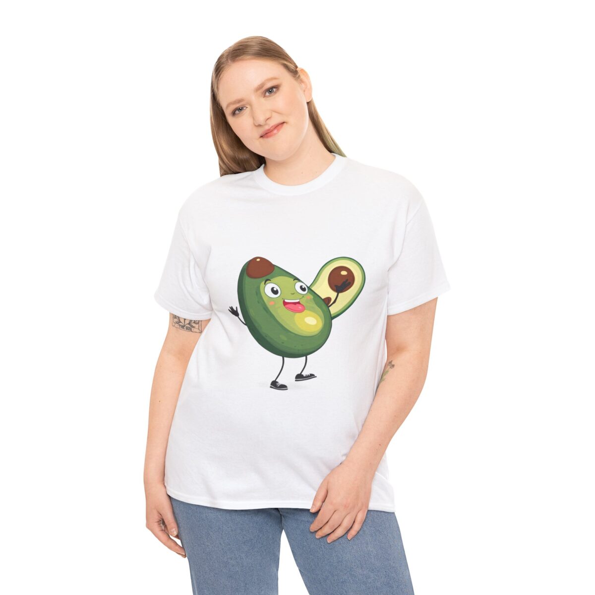 Woman wearing a Funny T Shirts Shirts with a smiling avocado design for a fun casual style.