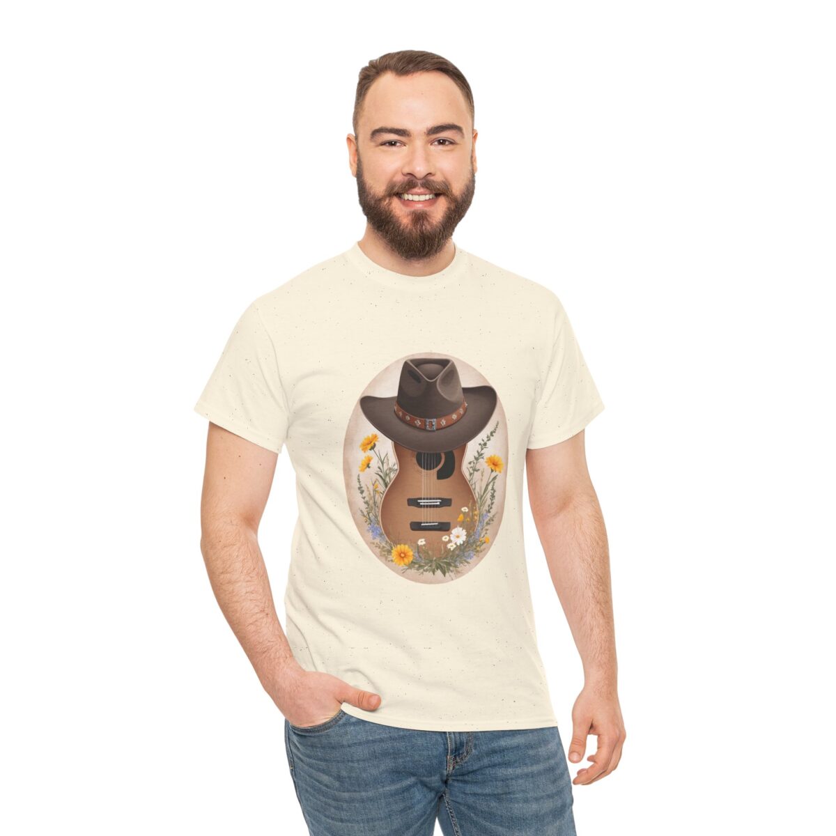 Man wearing a Country Music T Shirt featuring a guitar and cowboy hat design.