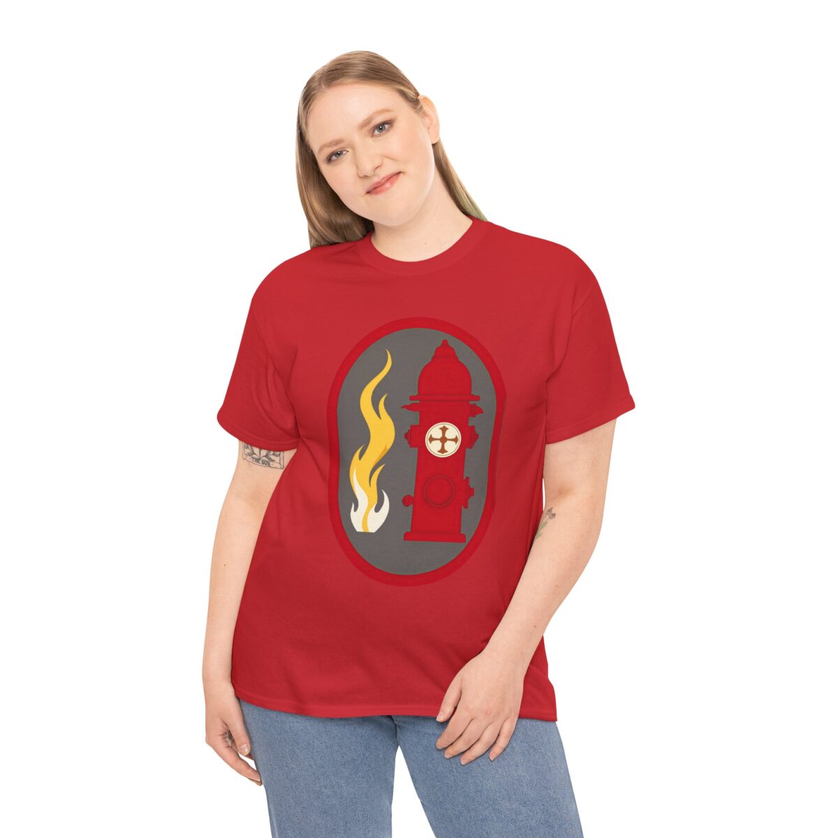 Woman wearing a Fire Service T Shirt with a fire hydrant and flame design.