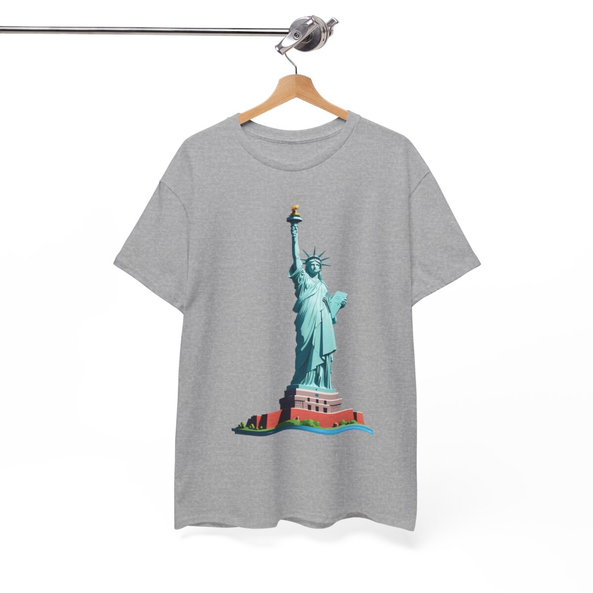 New York State T Shirt with the Statue of Liberty design hanging on a wooden hanger