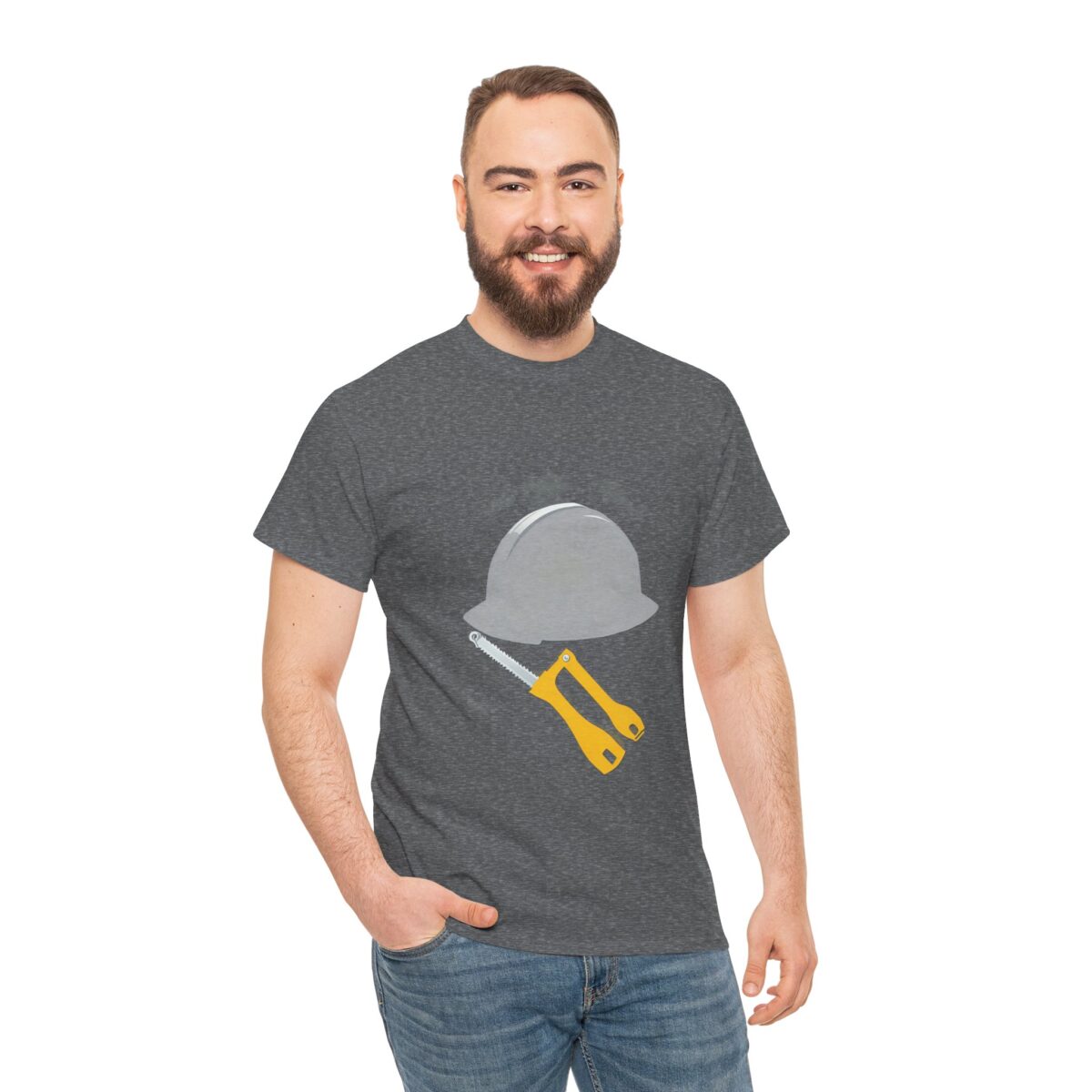 Man wearing a durable Construction T Shirt​ with hard hat and tools design