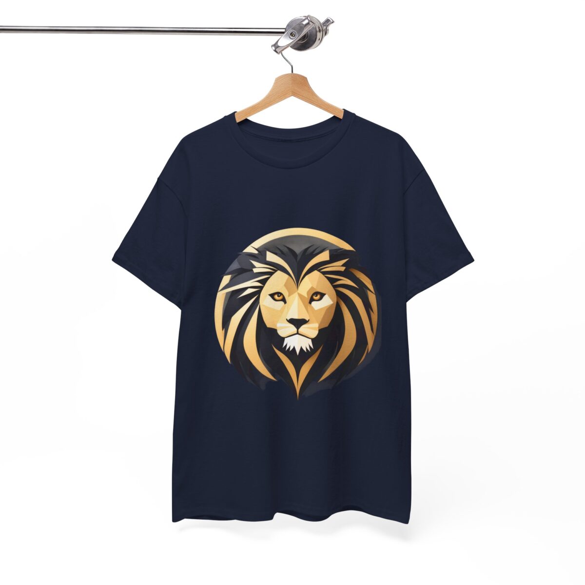 Navy blue 3XL t-shirt with a bold lion graphic on a hanger.