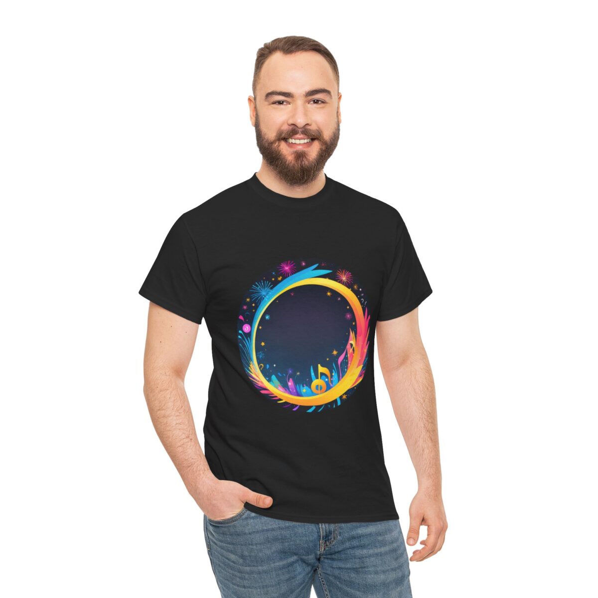 Man wearing a Festival T-Shirt with a colorful circular design