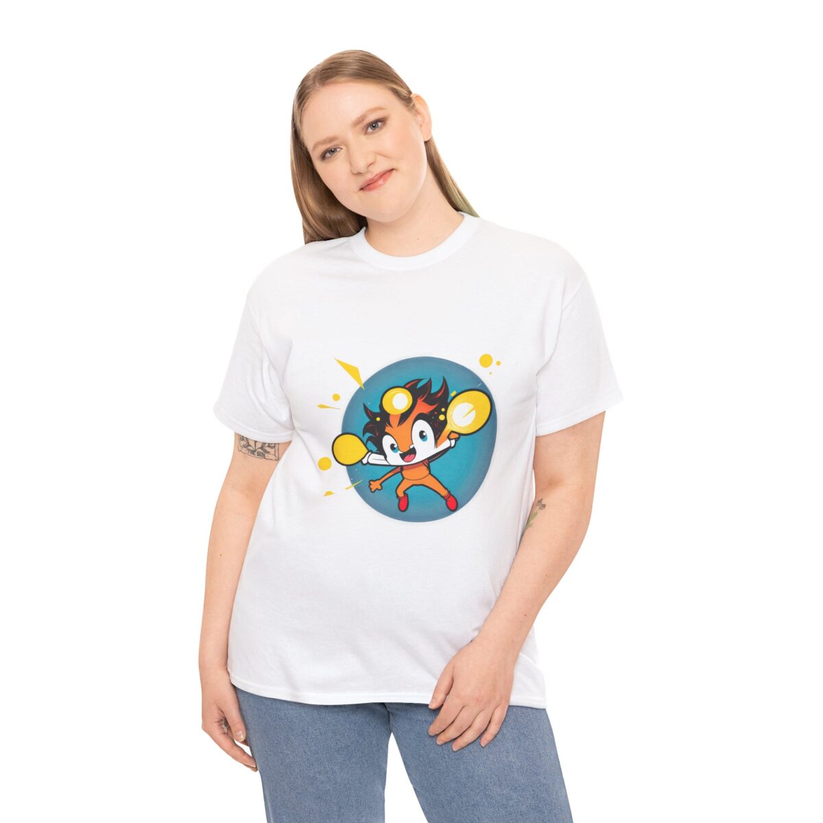 Woman wearing a Cartoon T-Shirt with a bold animated character design.