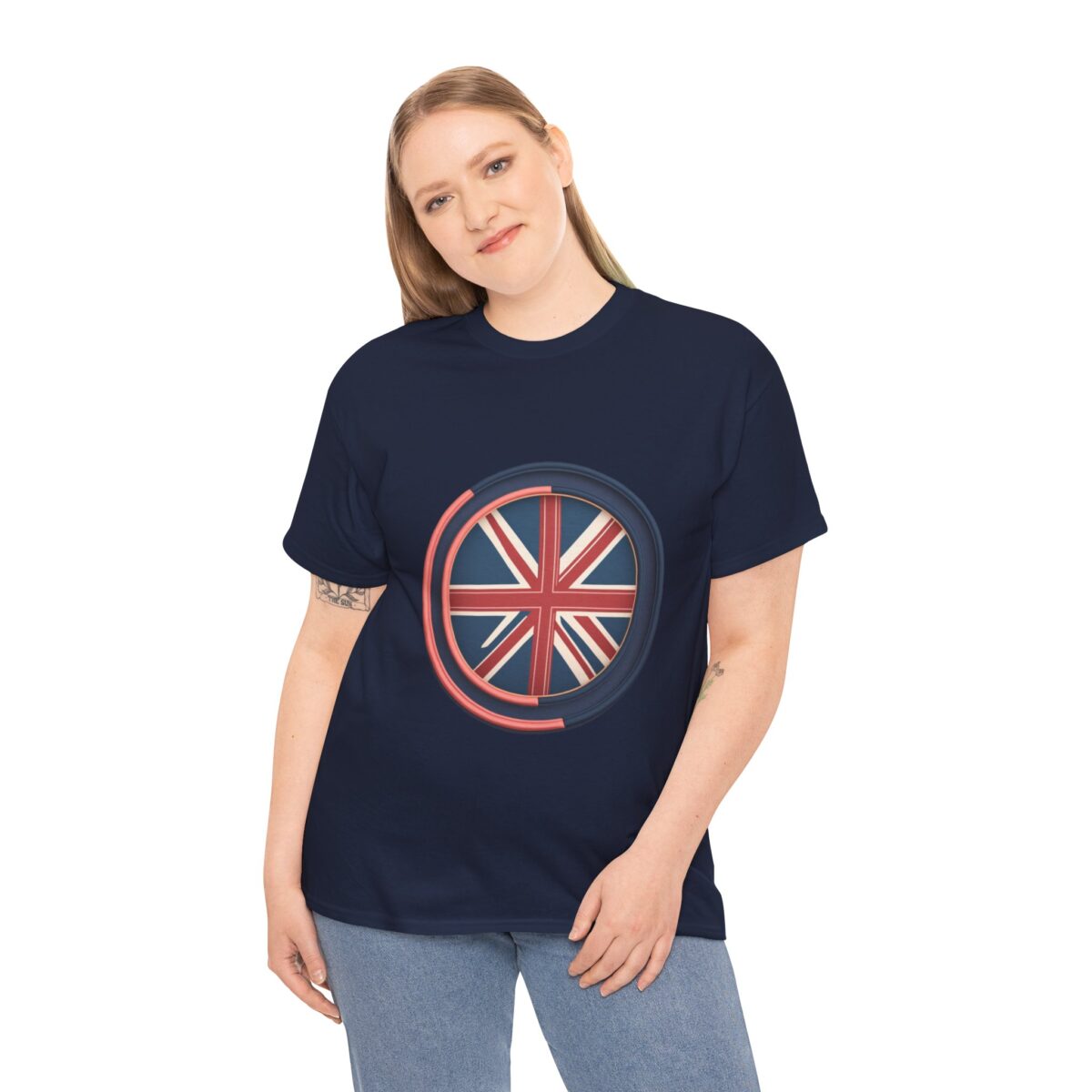 Woman wearing a Medium T Shirt UK with a bold Union Jack-inspired design