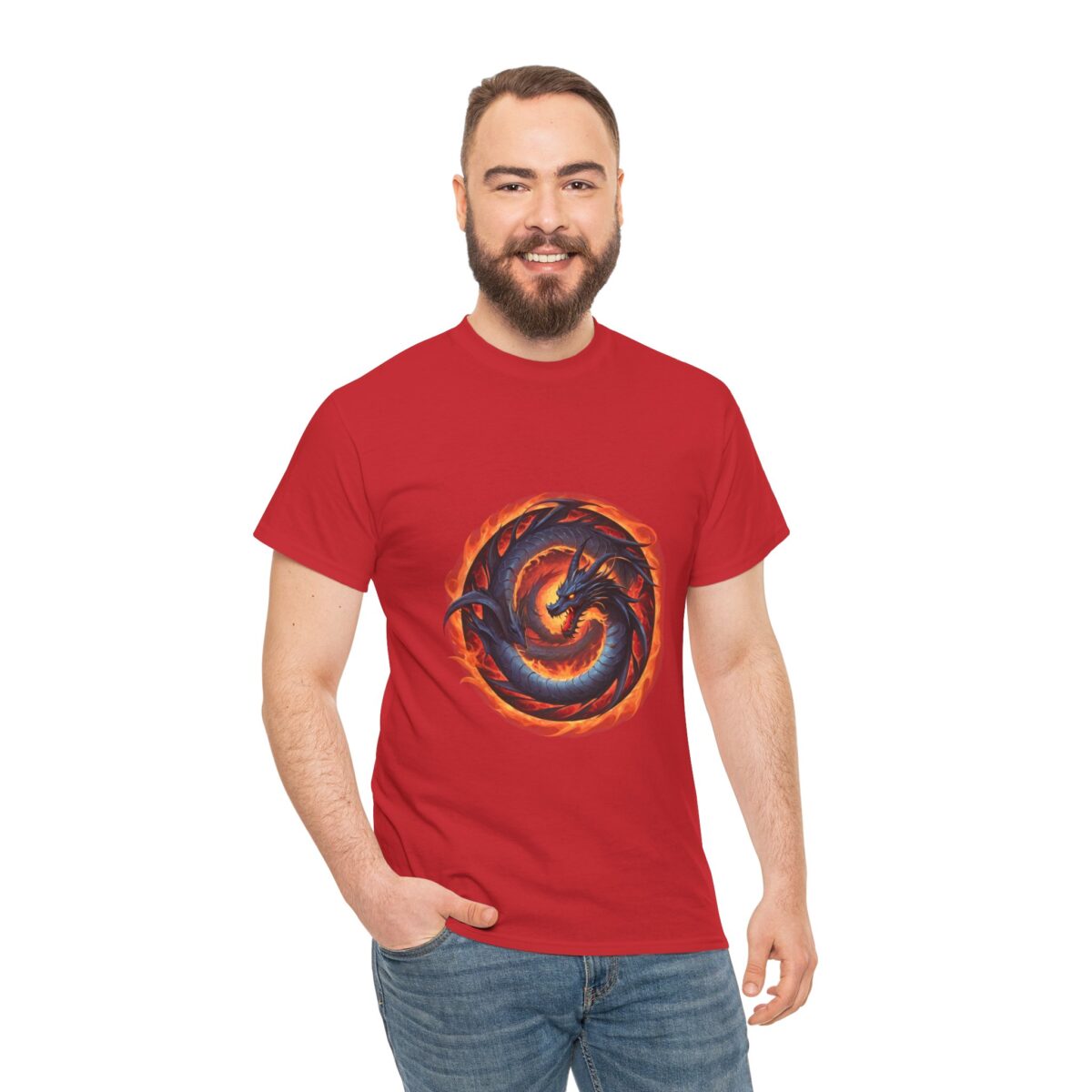 Man wearing a Dragon T Shirt with fiery dragon graphic design.