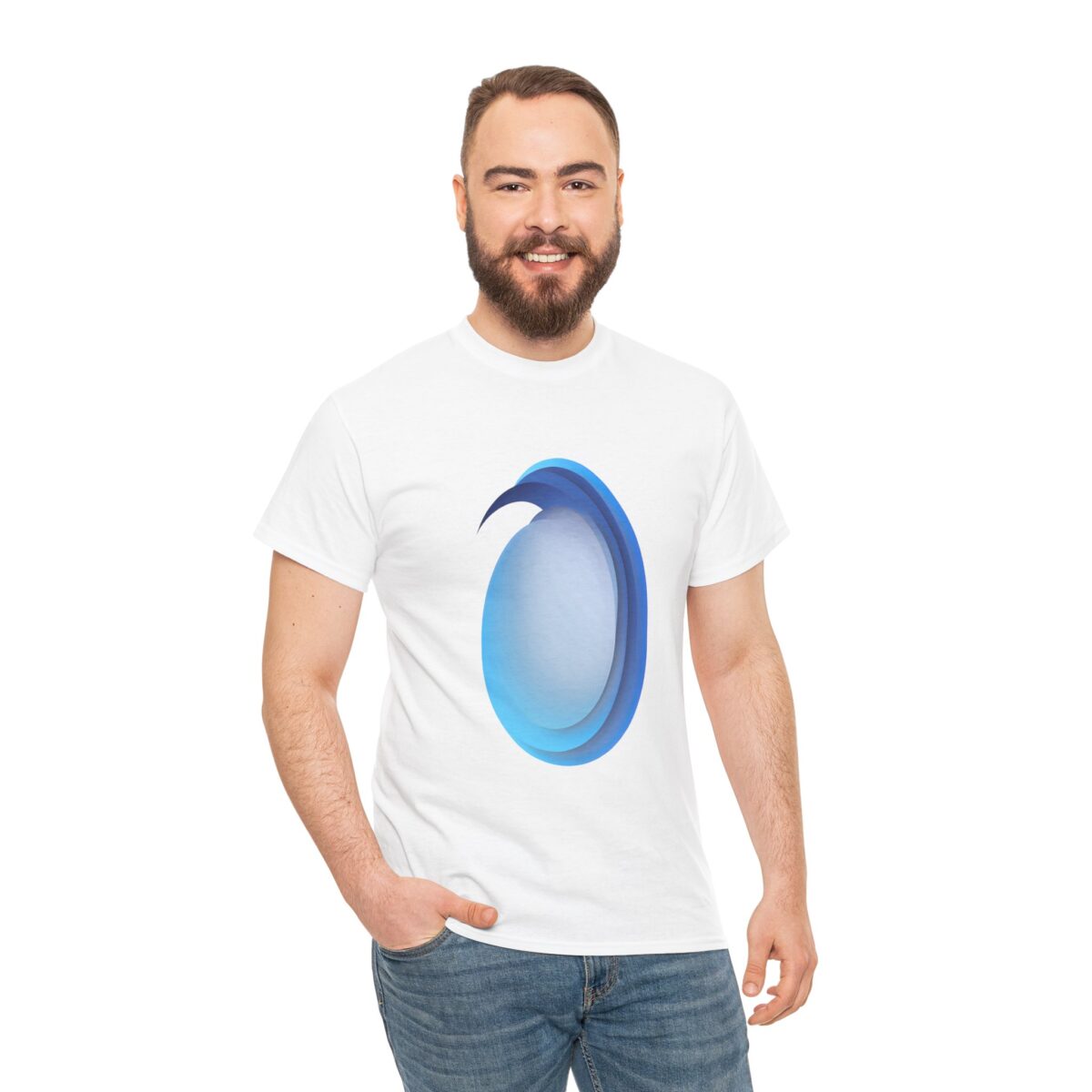 Man wearing Blue Chinos T Shirt with minimalist blue design