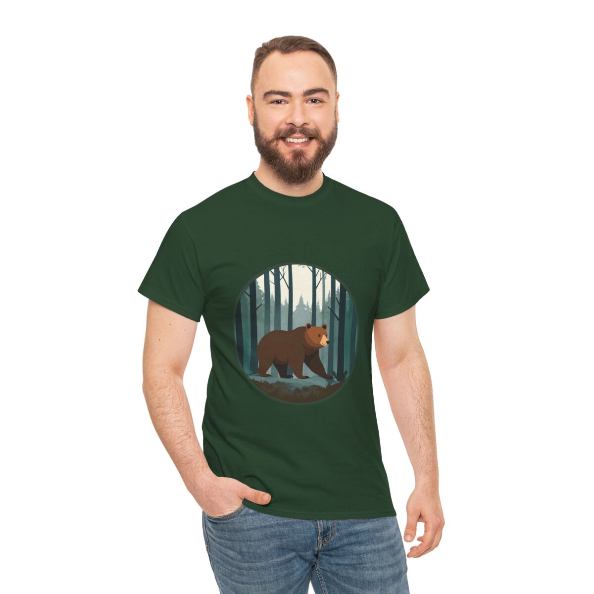 Man wearing a Bear T Shirt with a bear and forest design on a green background