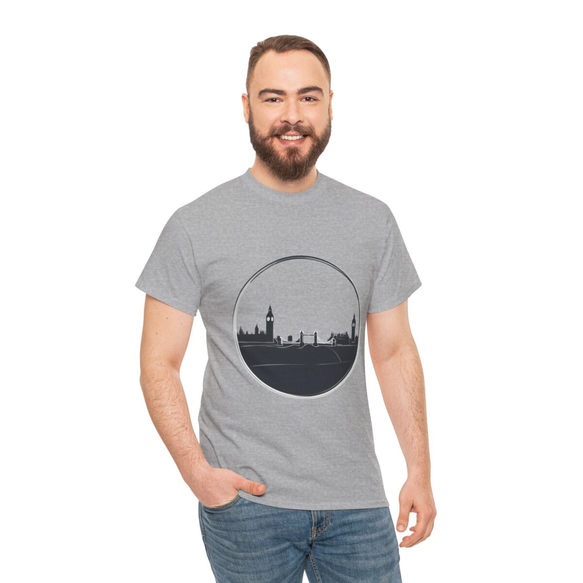 Smiling man wearing a London T-Shirt with a sleek circular skyline design.