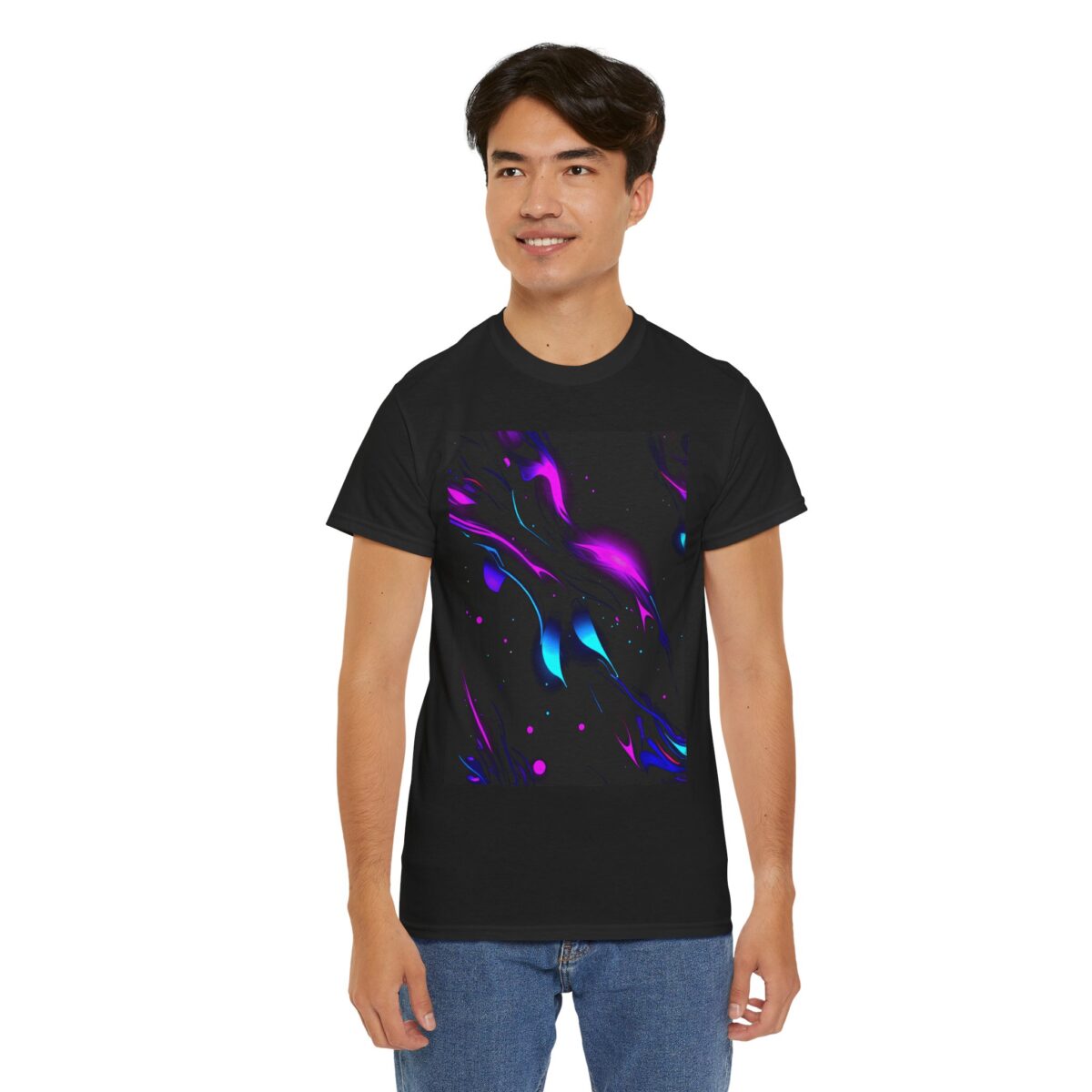 Man wearing a Glow in The Dark T Shirt​ with a vibrant glowing design