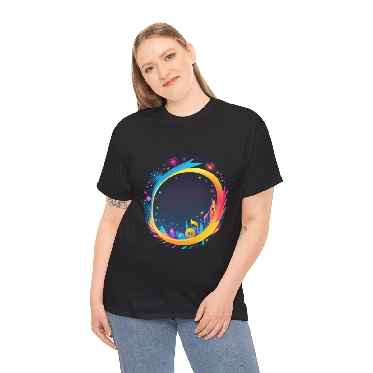 Woman wearing a Festival T-Shirt with a vibrant circular design