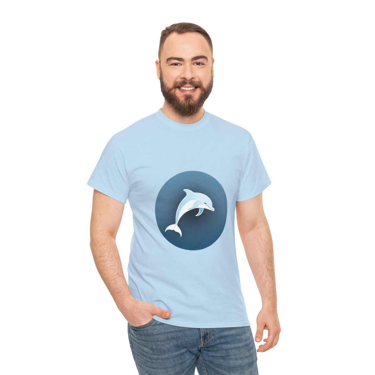 Man wearing a Dolphin T Shirt with a dolphin design in a circular frame